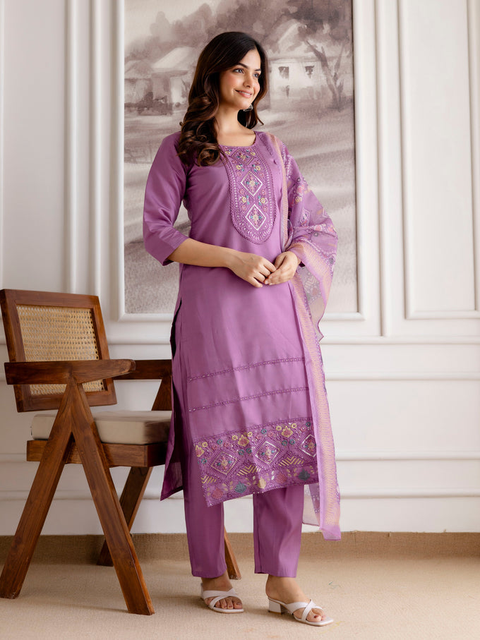 Purple Roman Chanderi Embroidery Salwar Suit with Dupatta Set For Women's Trendmalls