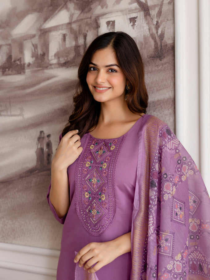 Purple Roman Chanderi Embroidery Salwar Suit with Dupatta Set For Women's Trendmalls