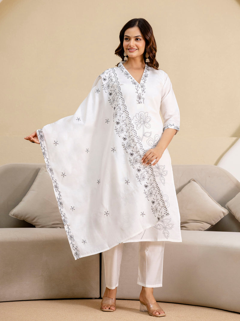 White Chanderi Embroidery Salawar Suit  with Dupatta Set For Women's