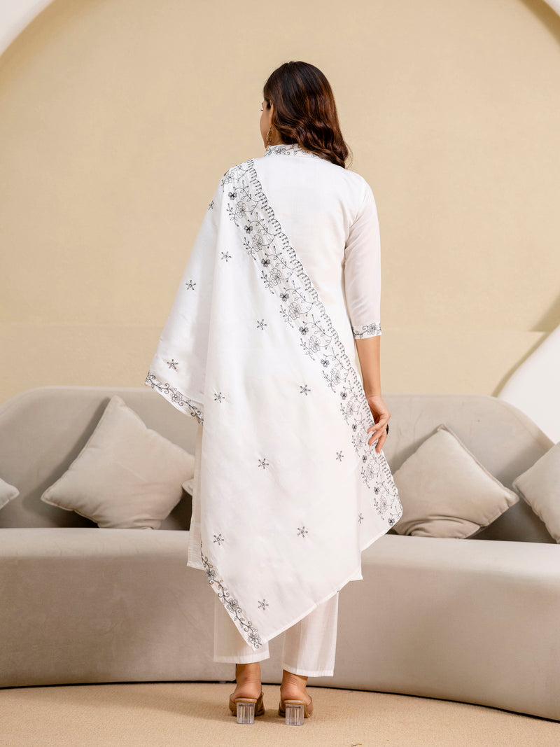 White Chanderi Embroidery Salawar Suit  with Dupatta Set For Women's