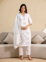 White Chanderi Embroidery Salawar Suit  with Dupatta Set For Women's
