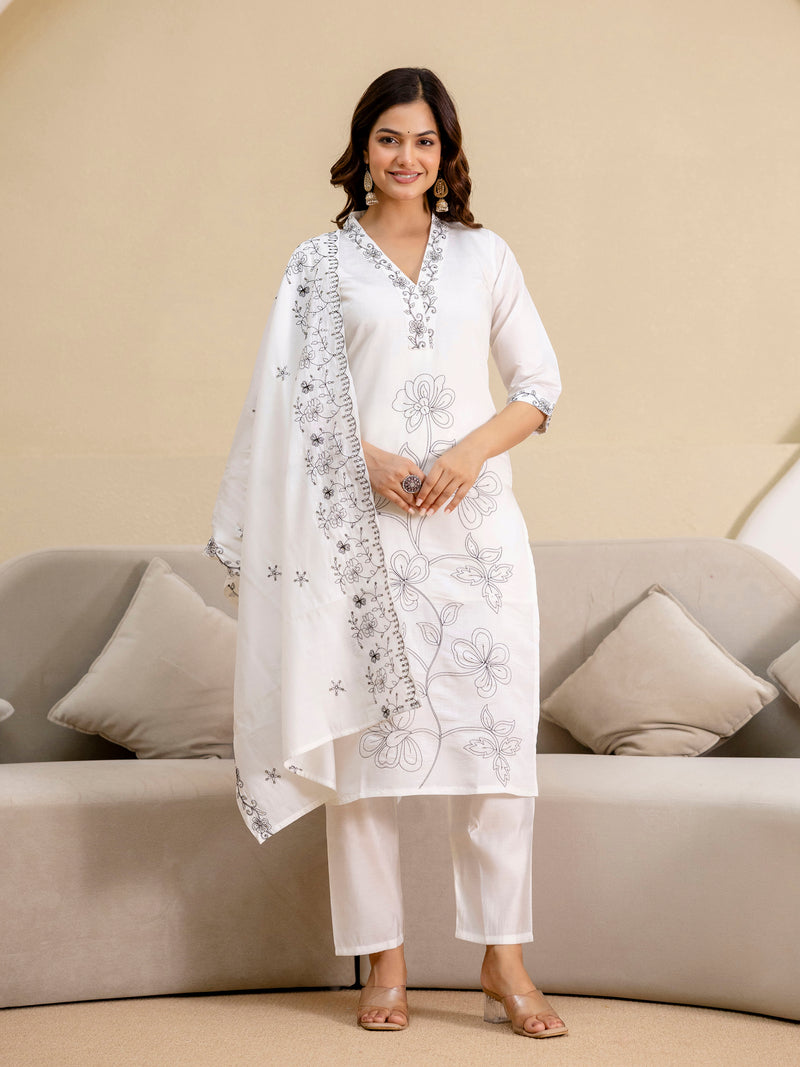 White Chanderi Embroidery Salawar Suit  with Dupatta Set For Women's