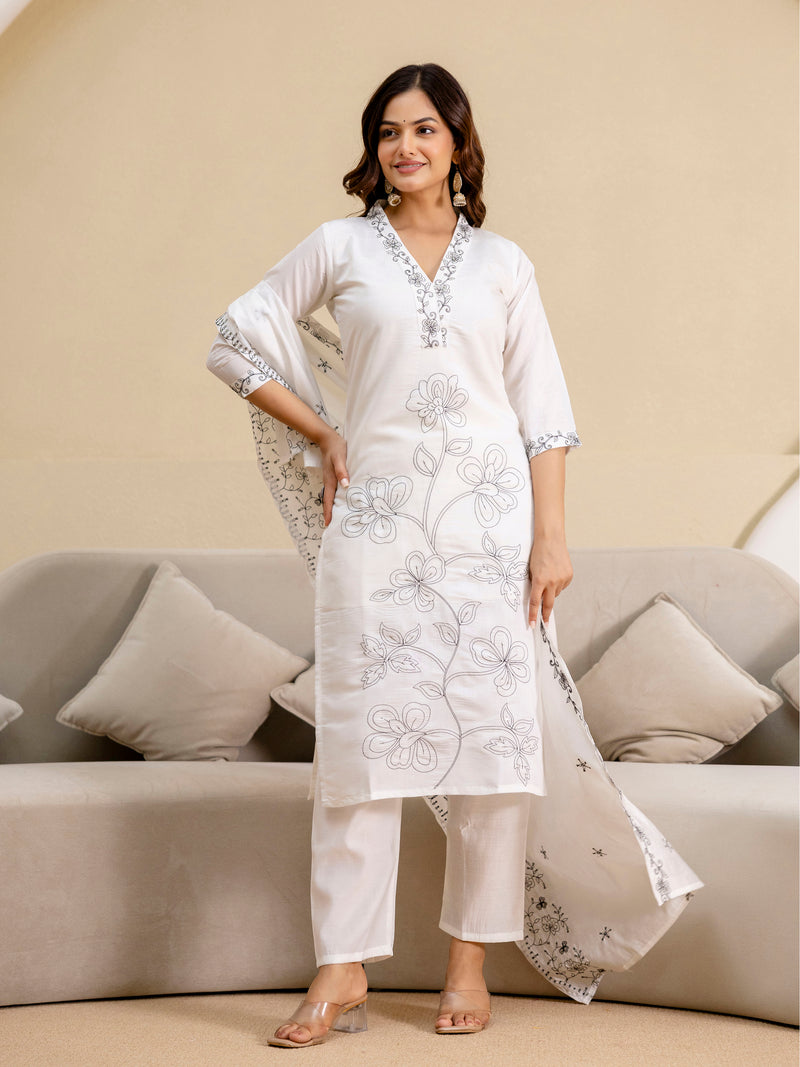 White Chanderi Embroidery Salawar Suit  with Dupatta Set For Women's