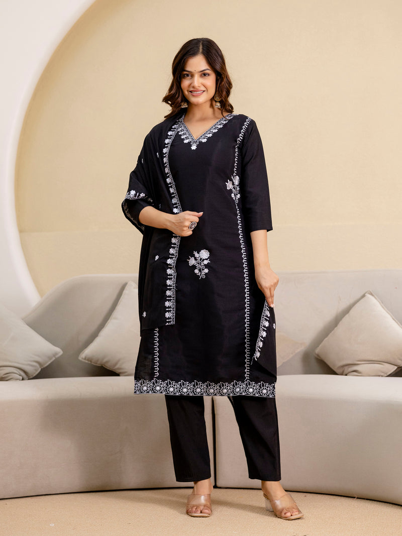 Black Chanderi Embroidery Salwar Suit with Dupatta Set For Women's