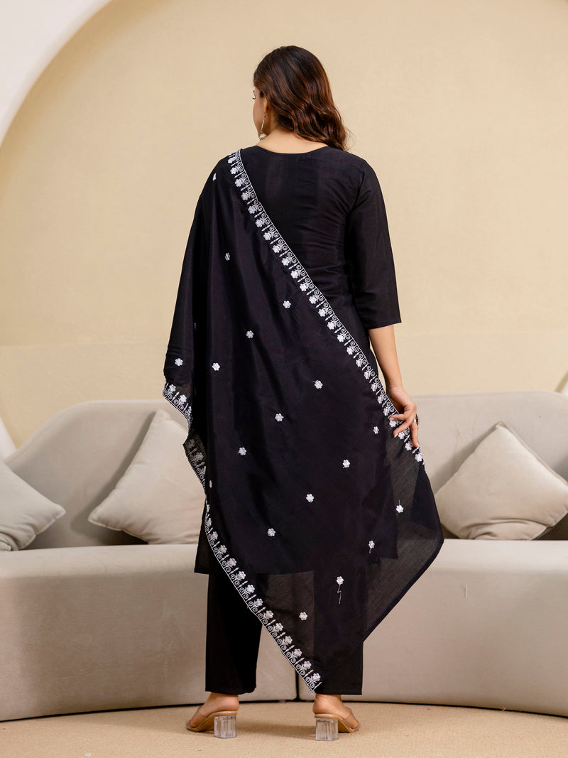 Black Chanderi Embroidery Salwar Suit with Dupatta Set For Women's