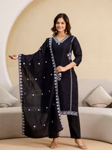 Black Chanderi Embroidery Salwar Suit with Dupatta Set For Women's