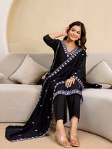 Black Chanderi Embroidery Salwar Suit with Dupatta Set For Women's