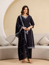 Black Chanderi Embroidery Salwar Suit with Dupatta Set For Women's