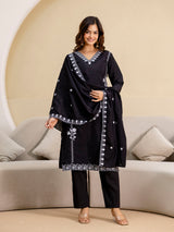 Black Chanderi Embroidery Salwar Suit with Dupatta Set For Women's