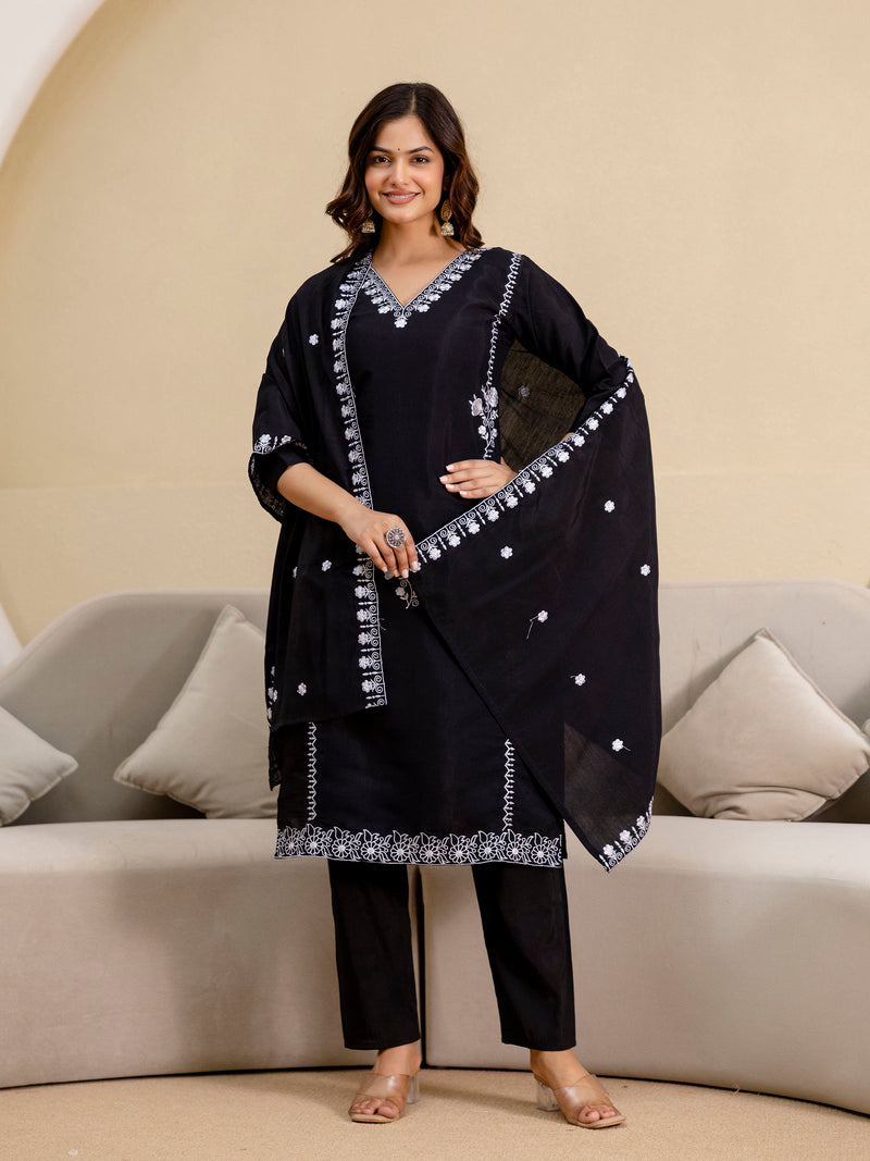 Black Chanderi Embroidery Salwar Suit with Dupatta Set For Women's