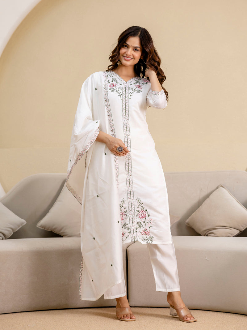 White Chanderi Embroidery Salwar Suit with Dupatta Set For Women's