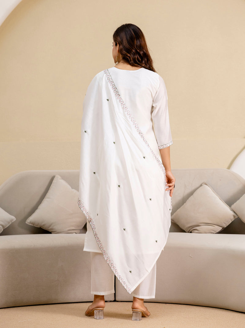 White Chanderi Embroidery Salwar Suit with Dupatta Set For Women's