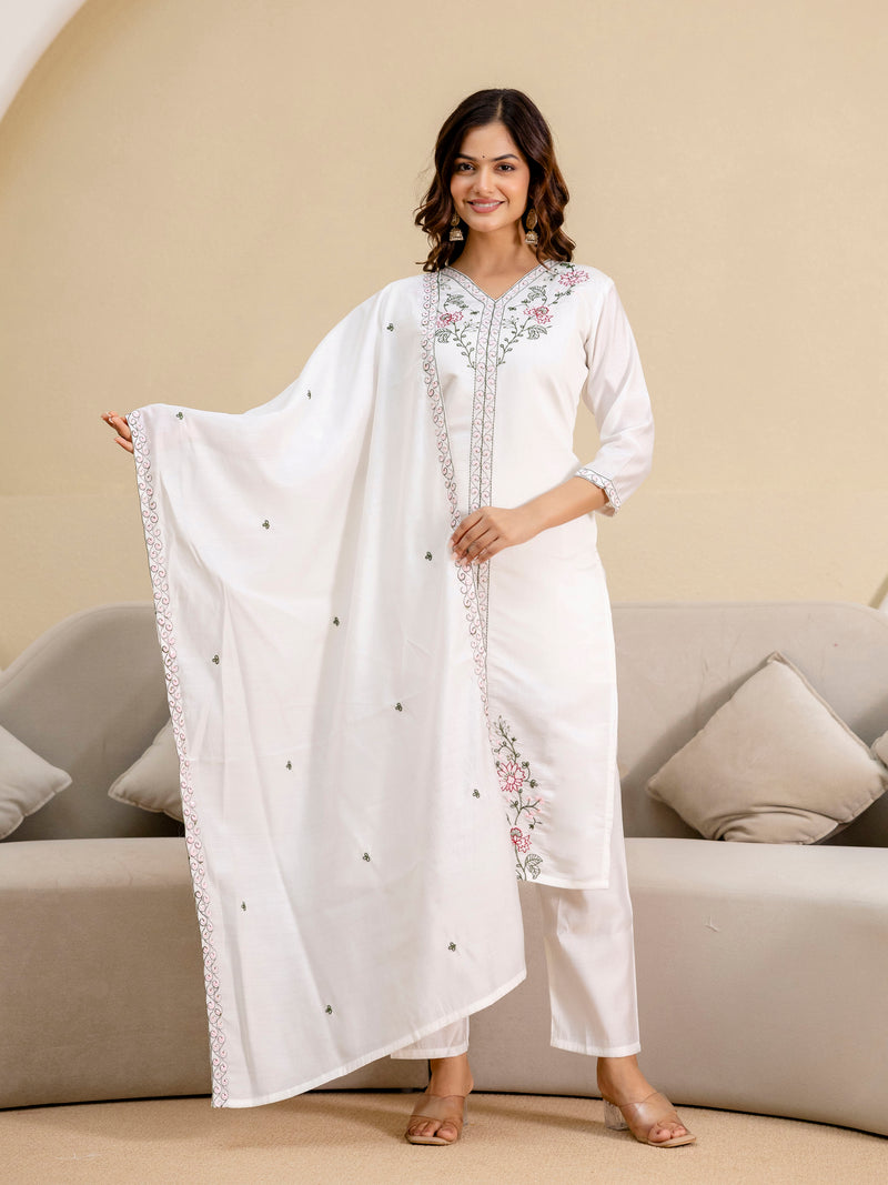 White Chanderi Embroidery Salwar Suit with Dupatta Set For Women's