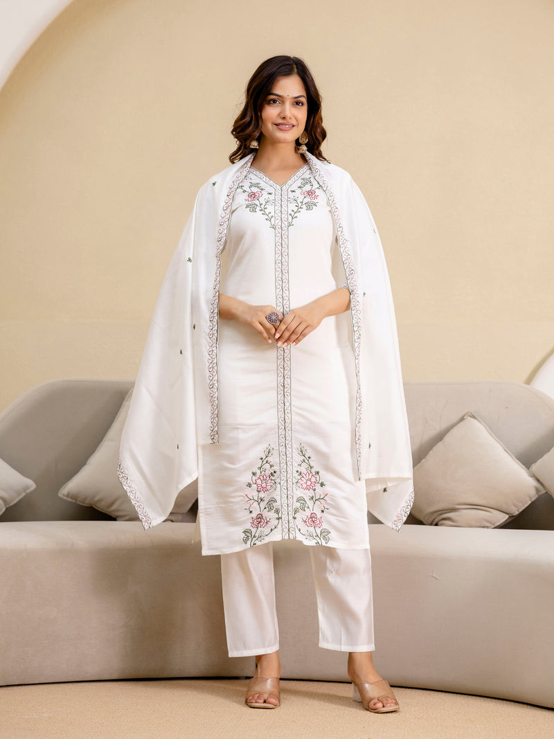 White Chanderi Embroidery Salwar Suit with Dupatta Set For Women's