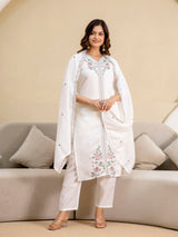 White Chanderi Embroidery Salwar Suit with Dupatta Set For Women's