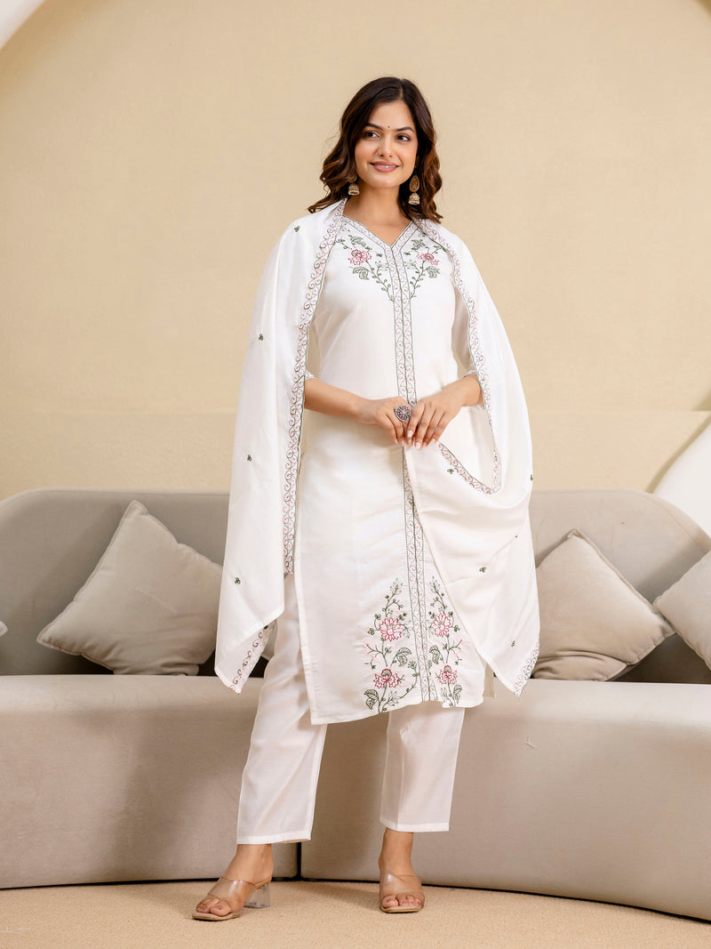 White Chanderi Embroidery Salwar Suit with Dupatta Set For Women's