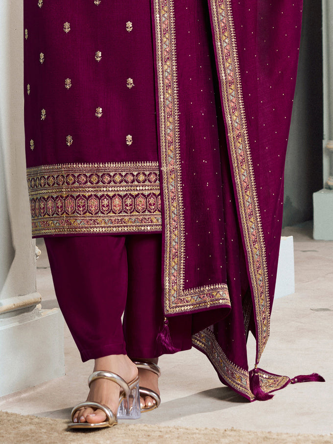 Purple Art Silk Embroidery With Sequence Work Kurta Pant with Dupatta Trendmalls