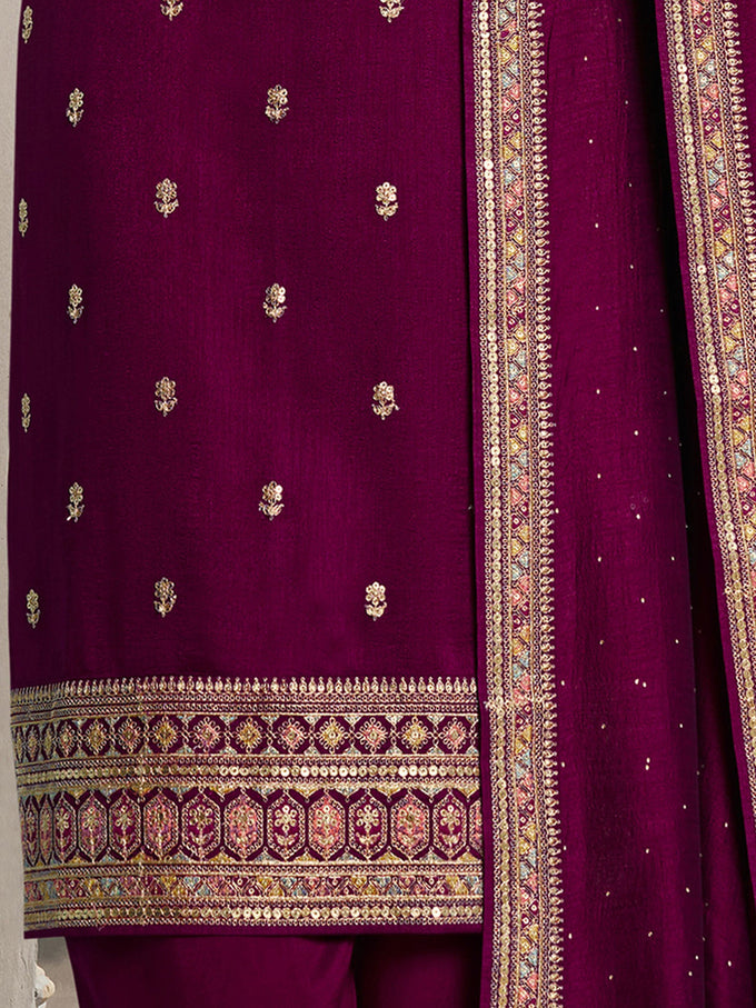 Purple Art Silk Embroidery With Sequence Work Kurta Pant with Dupatta Trendmalls