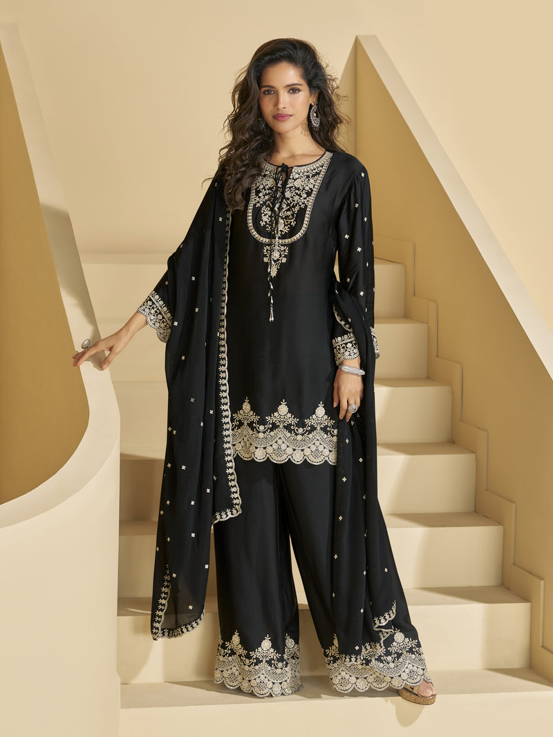 Chinon Embroidery Sequence Work Kurta Palazzo with Dupatta for Women