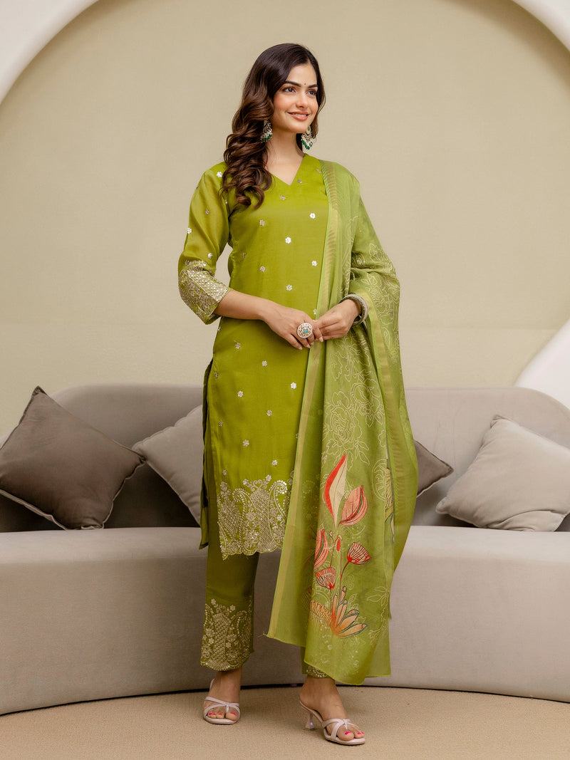 Parrot Art Silk Embroidery Sequence Work Kurta Palazzo Set with Dupatta Salwar Suit Set Trendmalls