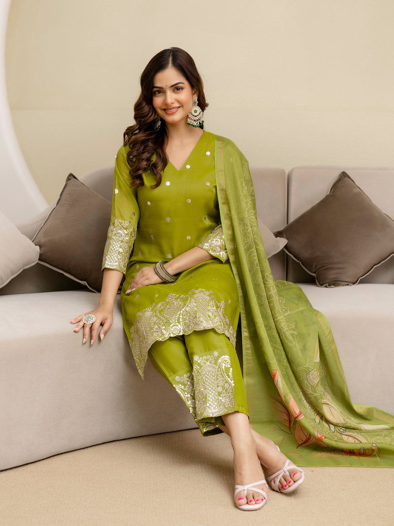 Parrot Art Silk Embroidery Sequence Work Kurta Palazzo Set with Dupatta Salwar Suit Set Trendmalls