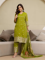 Parrot Art Silk Embroidery Sequence Work Kurta Palazzo Set with Dupatta Salwar Suit Set Trendmalls