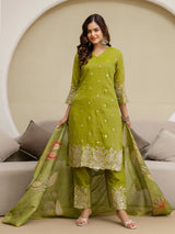 Parrot Art Silk Embroidery Sequence Work Kurta Palazzo Set with Dupatta Salwar Suit Set Trendmalls