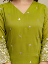 Parrot Art Silk Embroidery Sequence Work Kurta Palazzo Set with Dupatta Salwar Suit Set Trendmalls