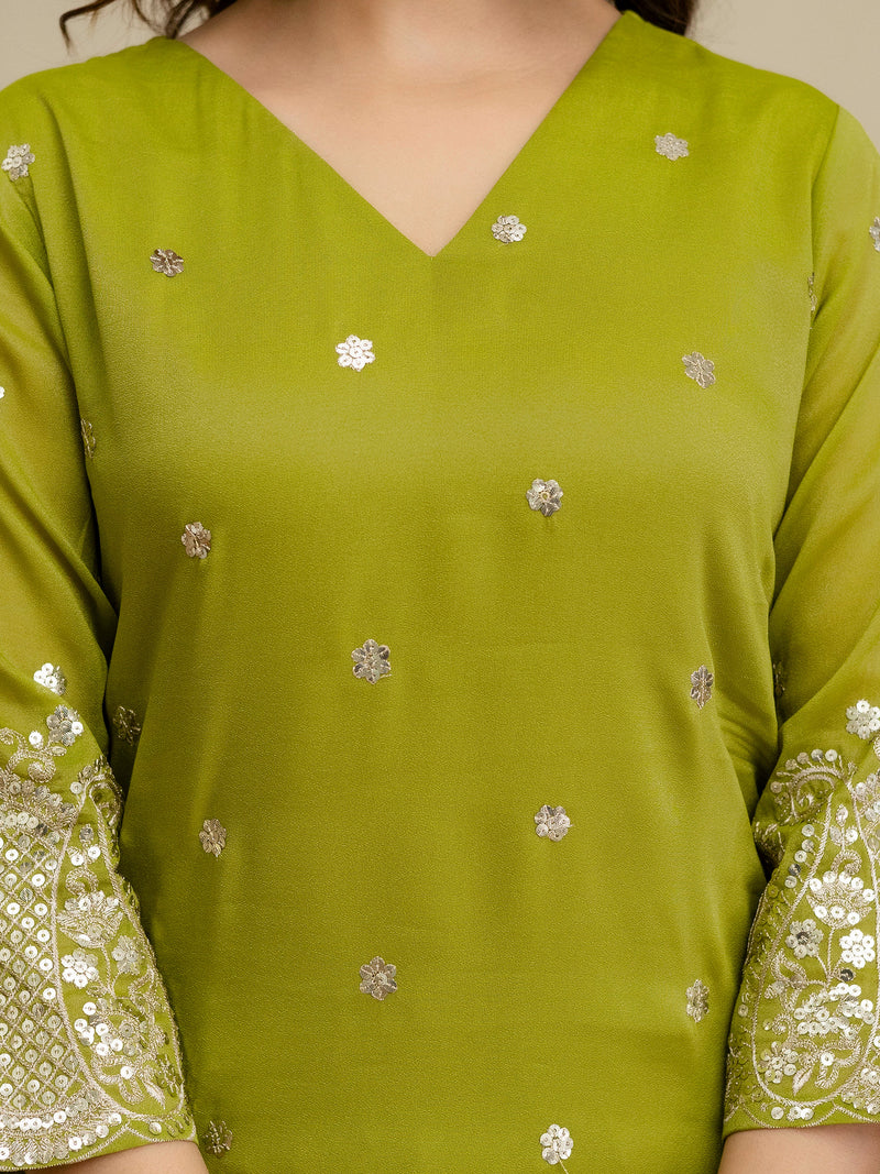 Parrot Art Silk Embroidery Sequence Work Kurta Palazzo Set with Dupatta Salwar Suit Set Trendmalls