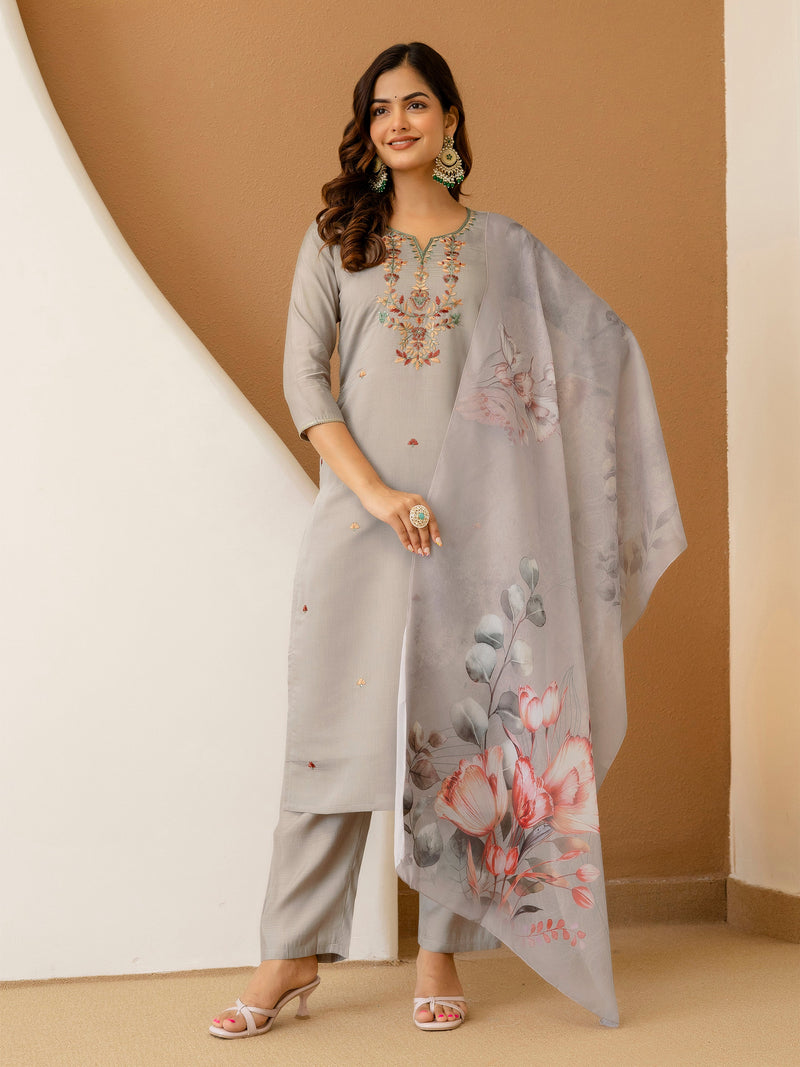 Light Grey Chanderi Silk Embroidery Work Kurta Pant Set with Dupatta Salwar Suit Set Trendmalls