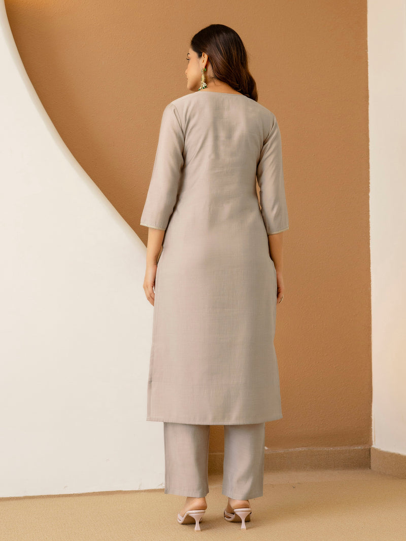 Light Grey Chanderi Silk Embroidery Work Kurta Pant Set with Dupatta Salwar Suit Set Trendmalls