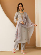Light Grey Chanderi Silk Embroidery Work Kurta Pant Set with Dupatta Salwar Suit Set Trendmalls