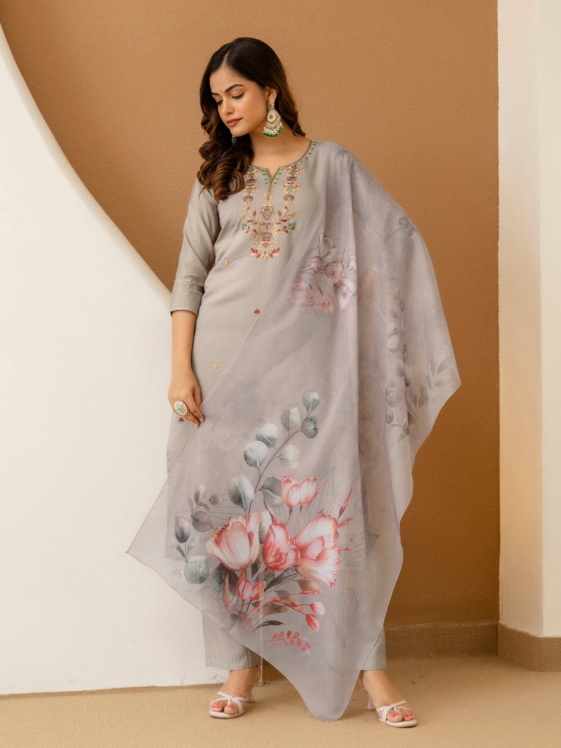 Light Grey Chanderi Silk Embroidery Work Kurta Pant Set with Dupatta Salwar Suit Set Trendmalls
