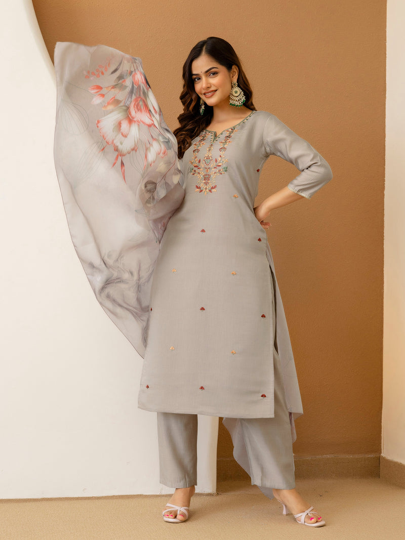 Light Grey Chanderi Silk Embroidery Work Kurta Pant Set with Dupatta Salwar Suit Set Trendmalls