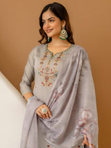 Light Grey Chanderi Silk Embroidery Work Kurta Pant Set with Dupatta Salwar Suit Set Trendmalls