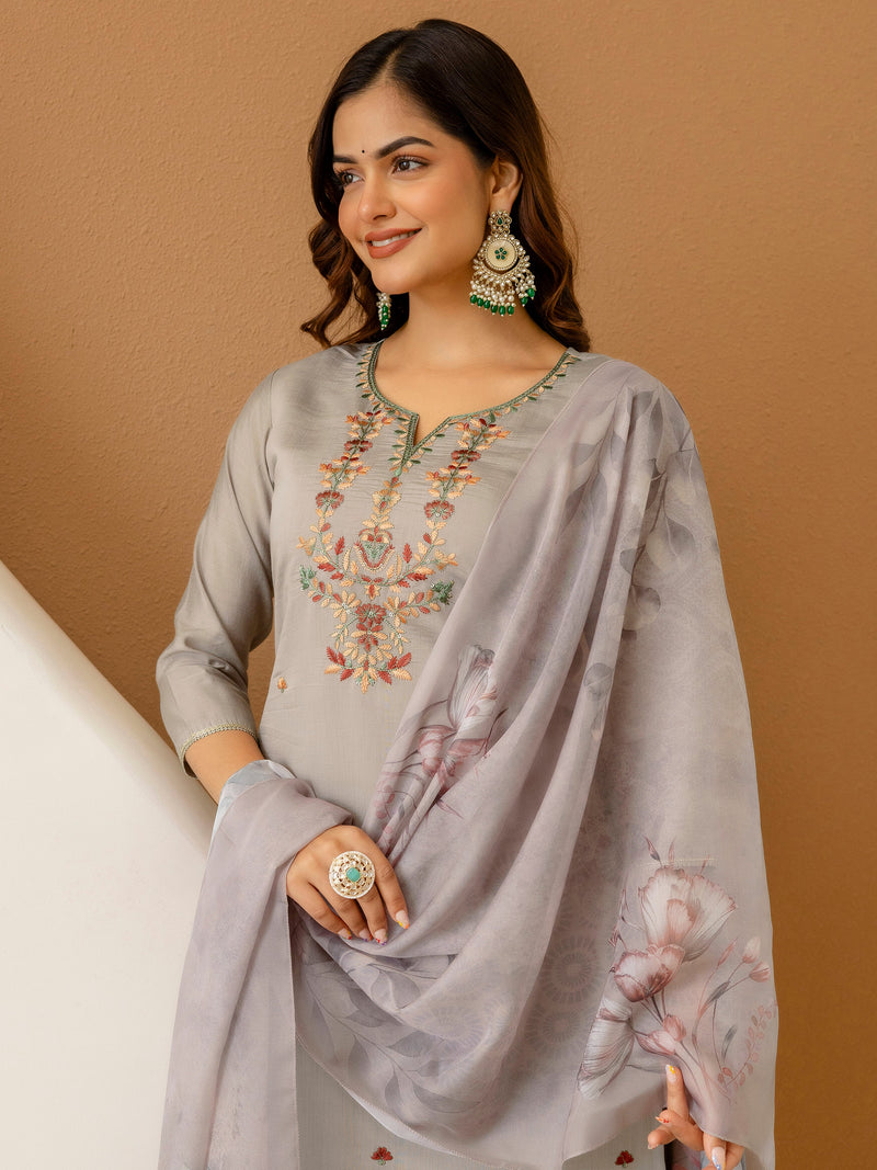 Light Grey Chanderi Silk Embroidery Work Kurta Pant Set with Dupatta Salwar Suit Set Trendmalls