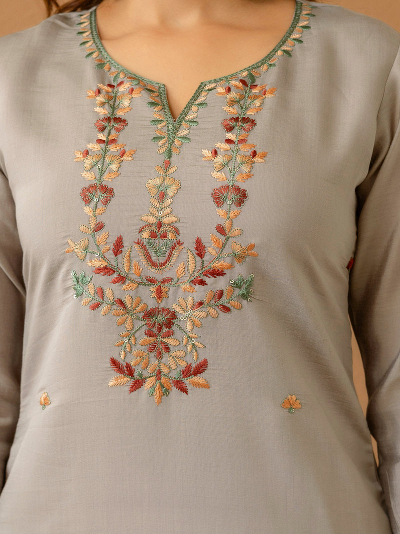 Light Grey Chanderi Silk Embroidery Work Kurta Pant Set with Dupatta Salwar Suit Set Trendmalls