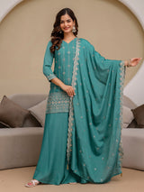 Turquoise Art Silk Embroidery Sequence Work Kurta Palazzo Set with Dupatta Salwar Suit Set Trendmalls