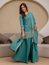 Turquoise Art Silk Embroidery Sequence Work Kurta Palazzo Set with Dupatta Salwar Suit Set Trendmalls