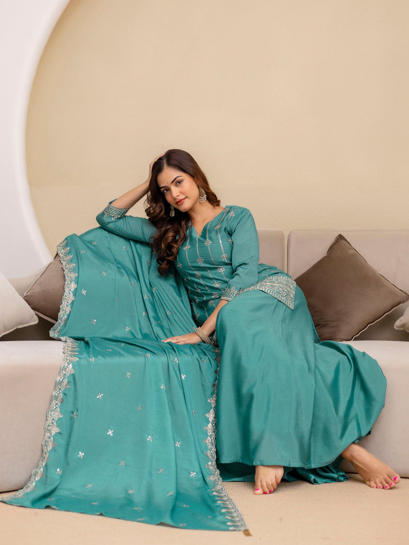 Turquoise Art Silk Embroidery Sequence Work Kurta Palazzo Set with Dupatta Salwar Suit Set Trendmalls