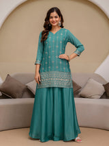 Turquoise Art Silk Embroidery Sequence Work Kurta Palazzo Set with Dupatta Salwar Suit Set Trendmalls