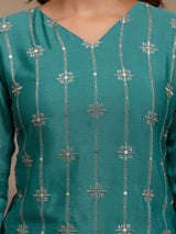 Turquoise Art Silk Embroidery Sequence Work Kurta Palazzo Set with Dupatta Salwar Suit Set Trendmalls