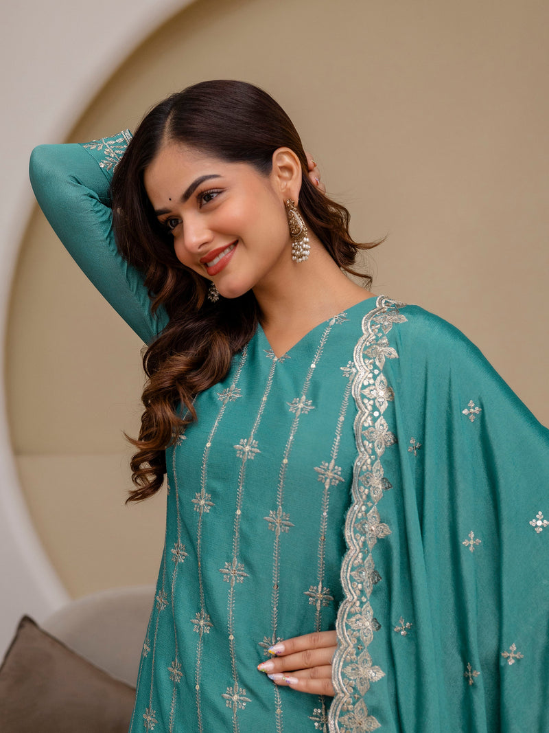 Turquoise Art Silk Embroidery Sequence Work Kurta Palazzo Set with Dupatta Salwar Suit Set Trendmalls