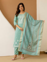 LightGreen Cotton Silk Embroidery Work Kurta Pant Set with Dupatta Salwar Suit Set Trendmalls