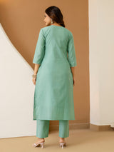 LightGreen Cotton Silk Embroidery Work Kurta Pant Set with Dupatta Salwar Suit Set Trendmalls
