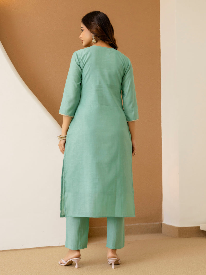 LightGreen Cotton Silk Embroidery Work Kurta Pant Set with Dupatta Salwar Suit Set Trendmalls
