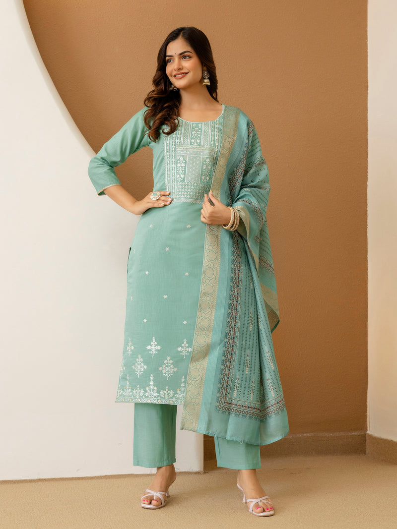 LightGreen Cotton Silk Embroidery Work Kurta Pant Set with Dupatta Salwar Suit Set Trendmalls