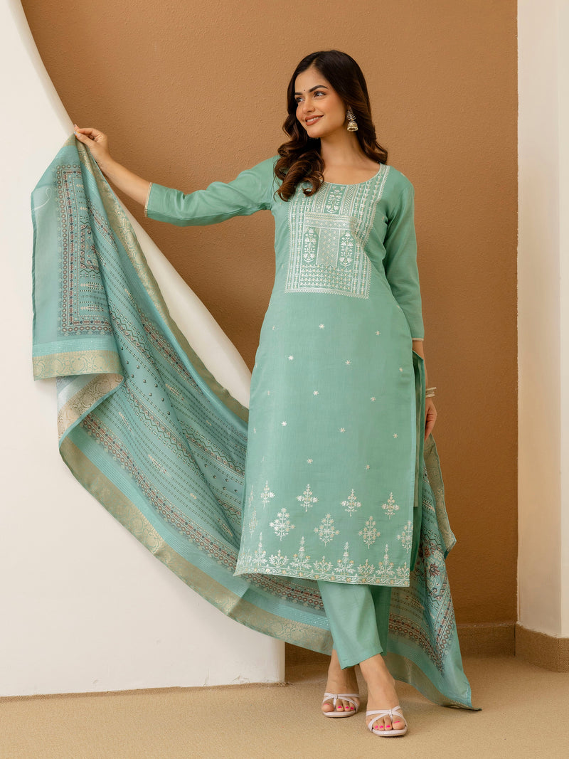 LightGreen Cotton Silk Embroidery Work Kurta Pant Set with Dupatta Salwar Suit Set Trendmalls