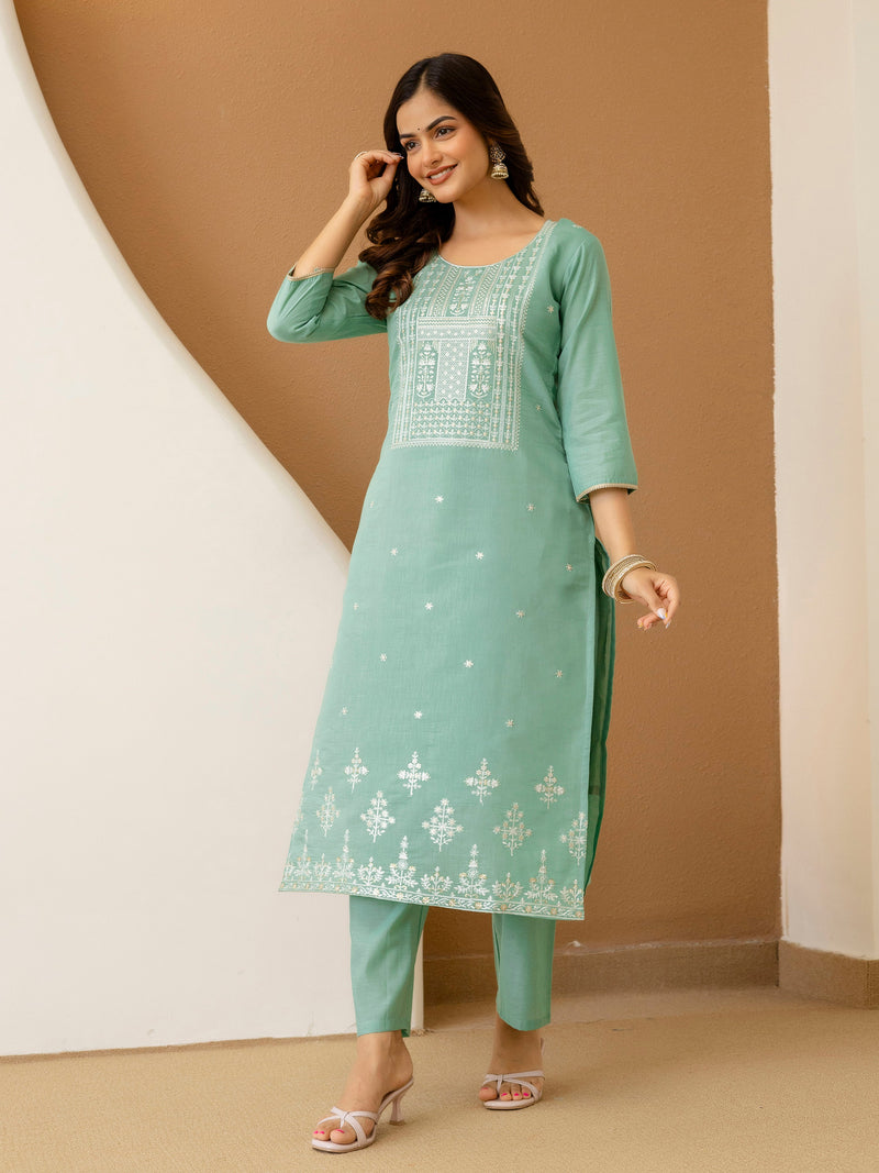 LightGreen Cotton Silk Embroidery Work Kurta Pant Set with Dupatta Salwar Suit Set Trendmalls