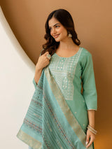 LightGreen Cotton Silk Embroidery Work Kurta Pant Set with Dupatta Salwar Suit Set Trendmalls